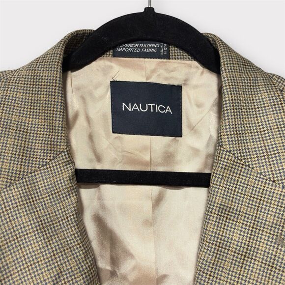 Nautica Men's Brown Blue Plaid Houndstooth Wool Cashmere Jacket Blazer 46L - Picture 3 of 10